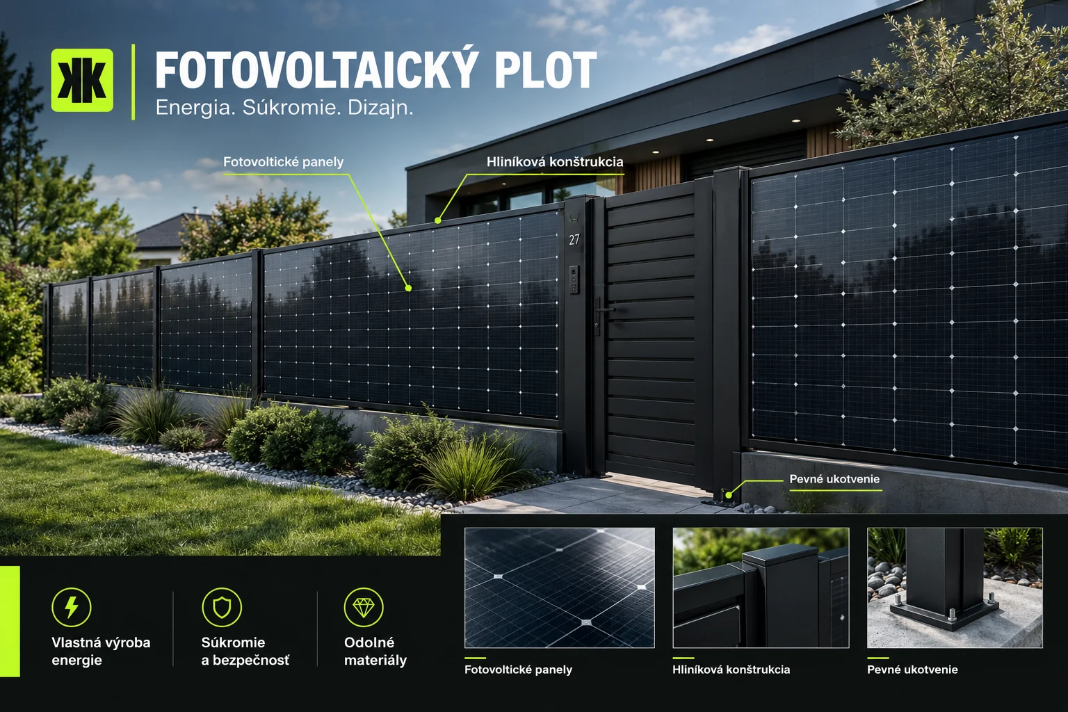 Schéma fotovoltaického plotu s panely, hliníkovou konstrukcí a ukotvením